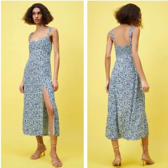 Zara Blue Micro Floral Slit Sleeveless Slip Midi Dress - Picture 1 of 9